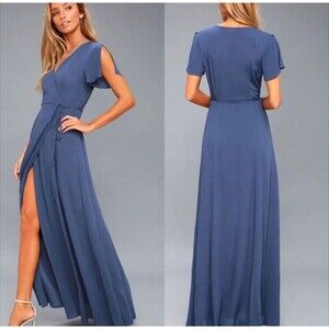 Lulus Heart of Marigold Denim Blue Wrap Maxi Dress Sz M Bridal Baby Shower Flowy
